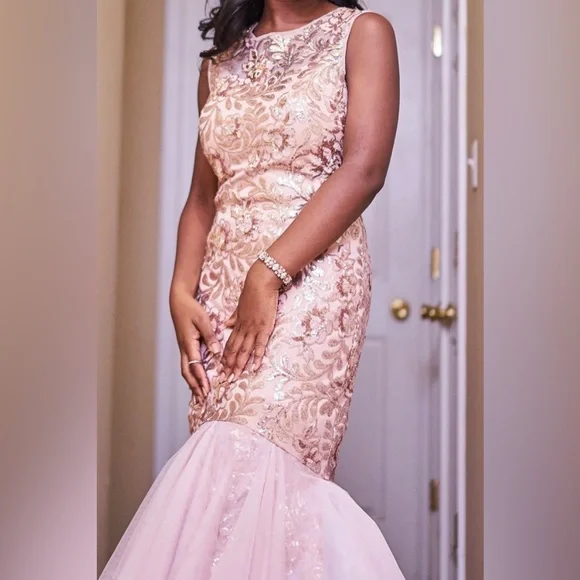 Betsy Adam Dresses Betsy Adam Pink Rose Gold Sequin Mermaid